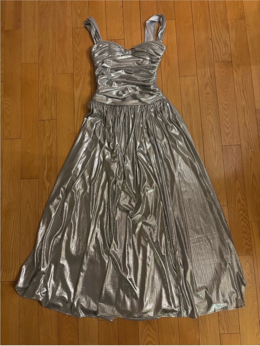 Silver Metallic Maxi Dress with Ruched Bodice